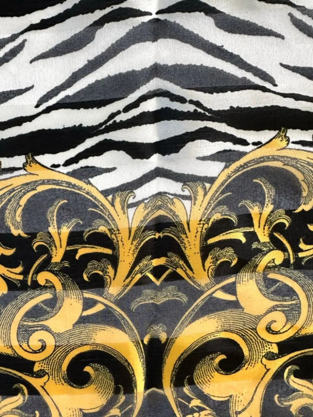 Vtg C.Webb Italy Scarf Baroque Black Gold White Sheer Silk Satin Hand Rolled 90s